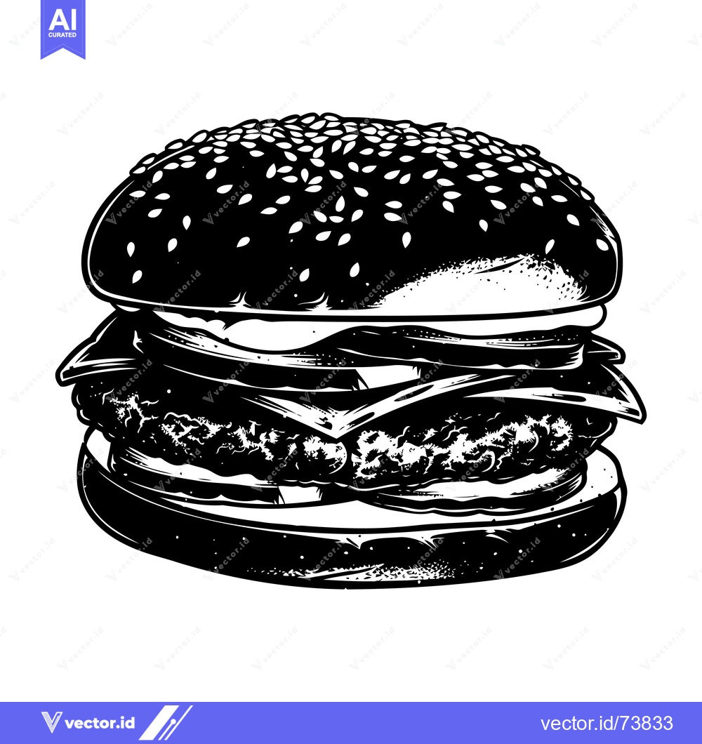 Premium Vector dari Black and White Illustration of a Hamburger with Sesame Seed Bun