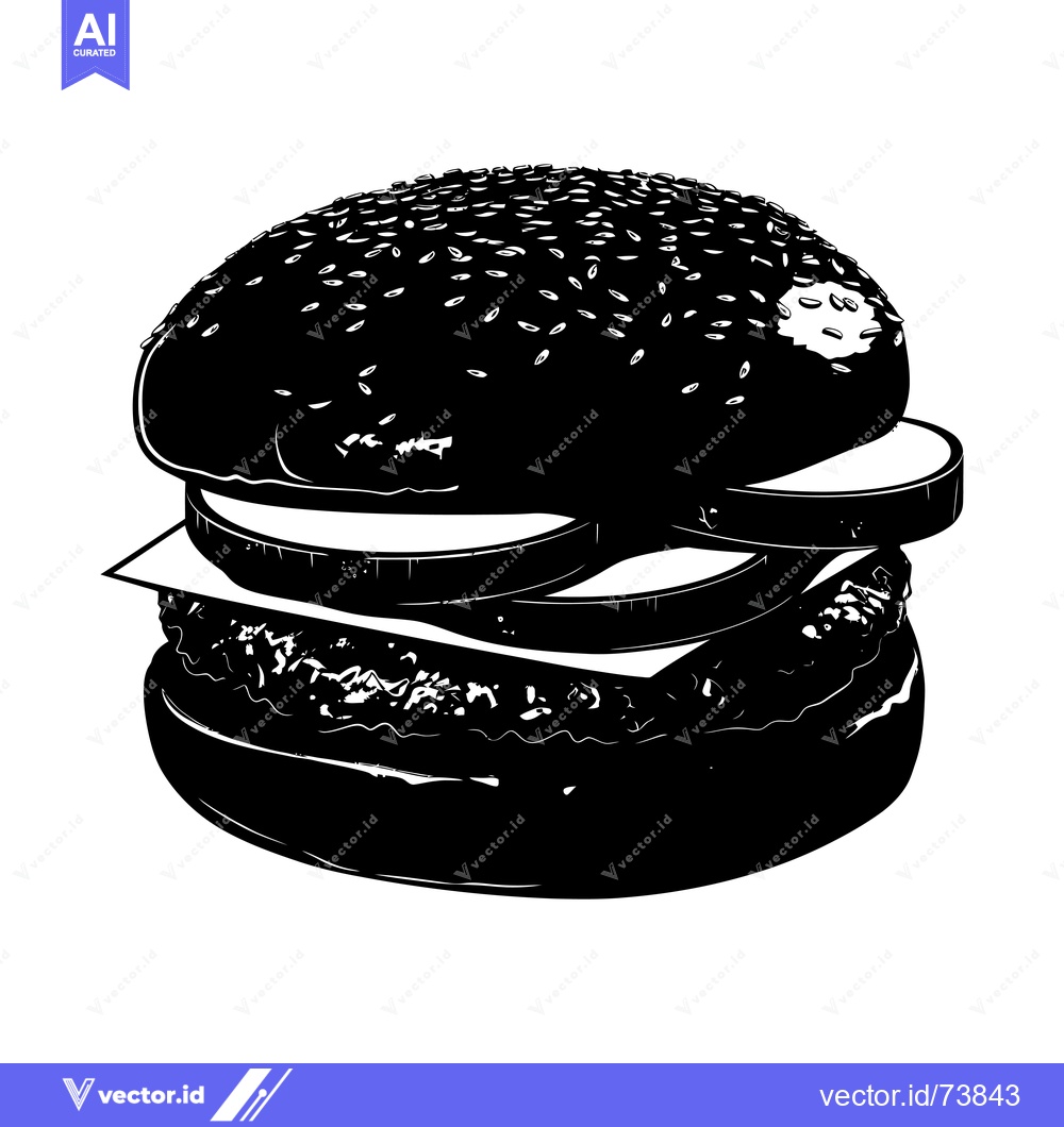 Premium Vector dari Black and White Silhouette of a Hamburger with Sesame Seed Bun and Tom