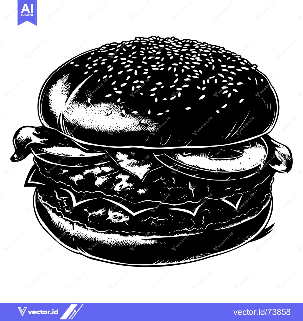Premium Vector dari Black and White Illustration of a Hamburger with Sesame Seed Bun