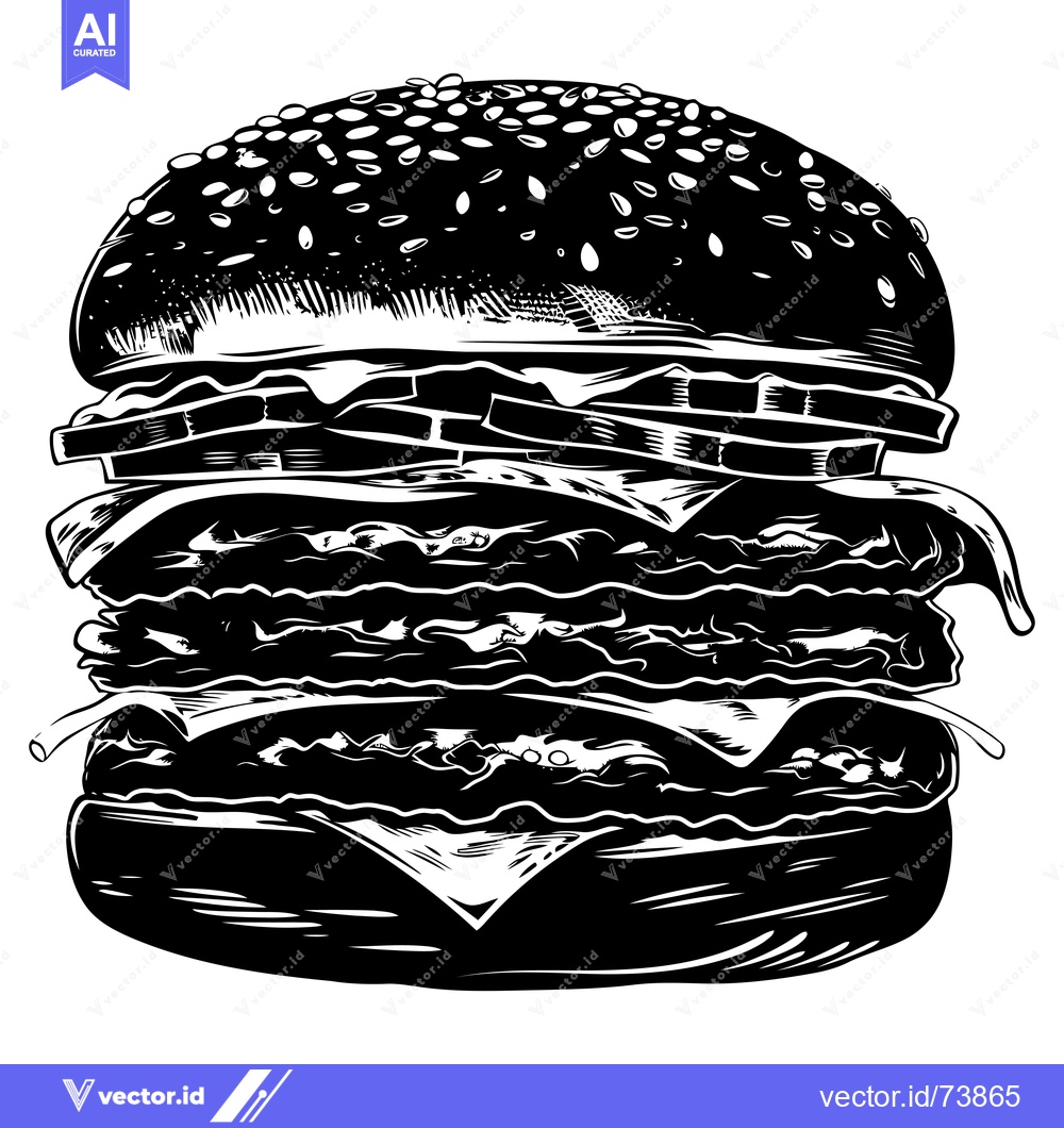 Premium Vector dari A Black and White Illustration of a Stacked Burger with Sesame Seed Bu