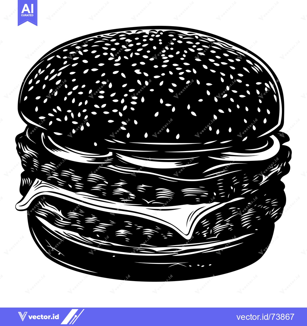 Premium Vector dari Black and White Illustration of a Cheeseburger with Sesame Seed Bun