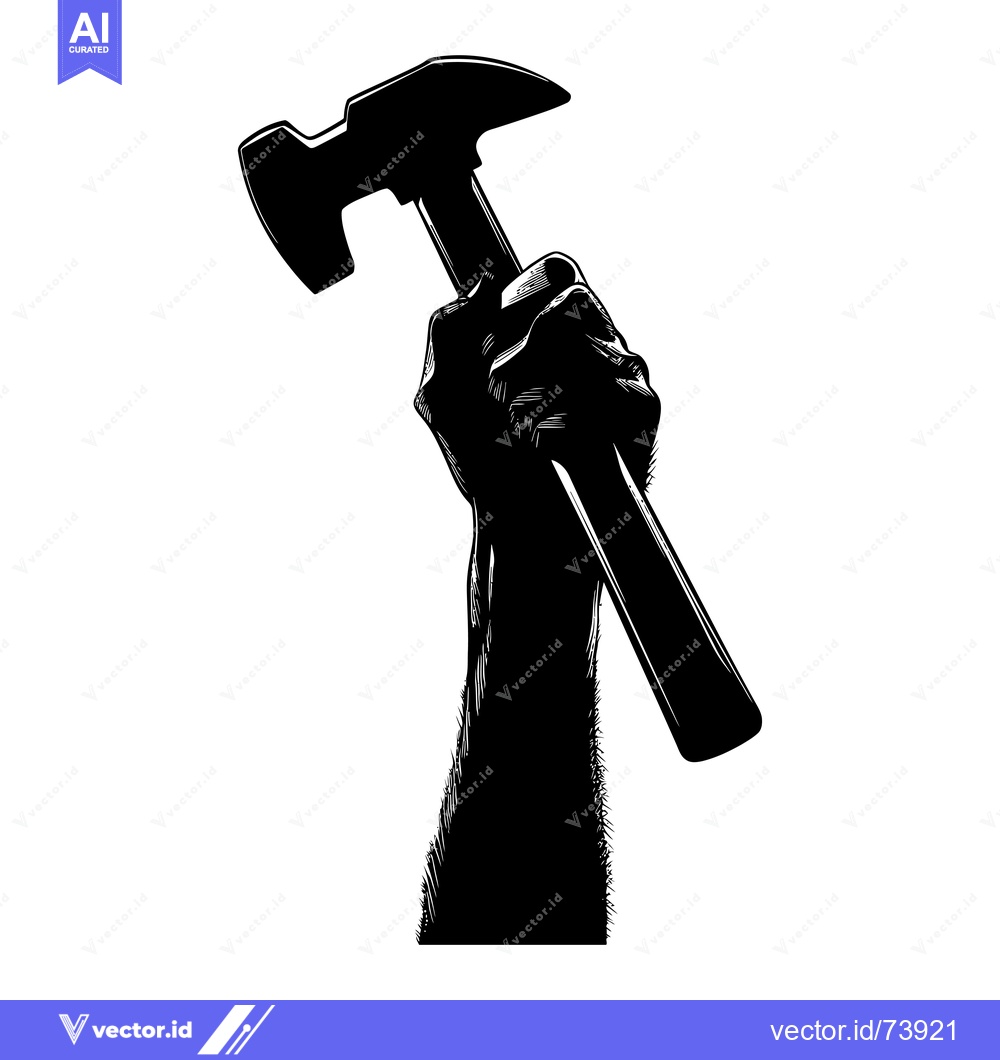 Premium Vector of A Black and White Silhouette of a Hand Holding a Hammer Raised High