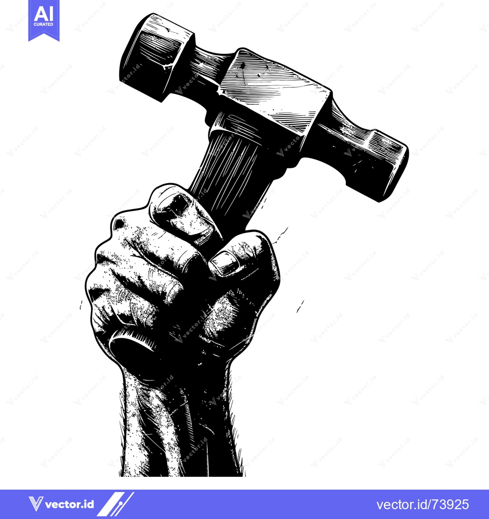 Premium Vector of A Hand Holding a Hammer in a Black and White Illustration