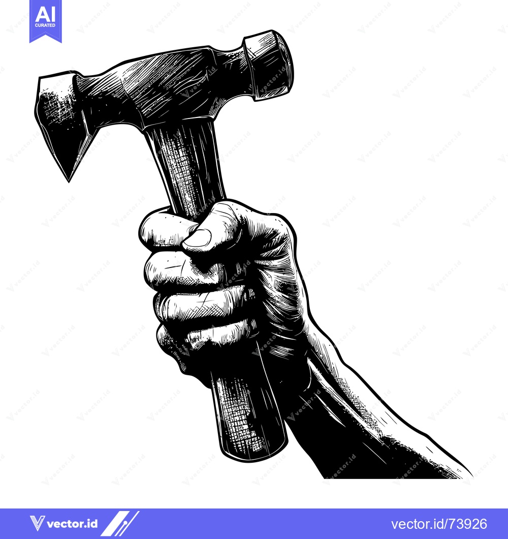 Premium Vector of A Hand Holding a Hammer in a Black and White Illustration