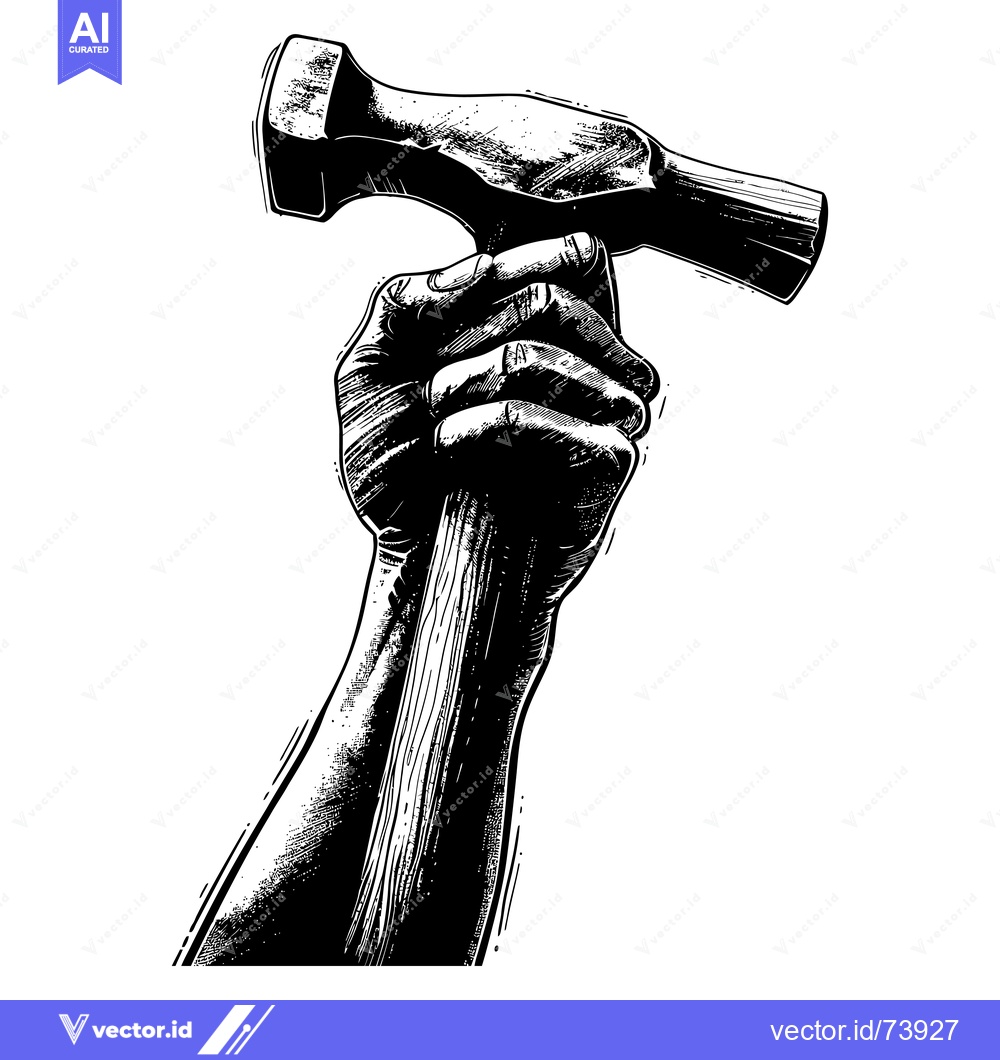 Premium Vector of Hand Holding a Hammer in a Black and White Drawing