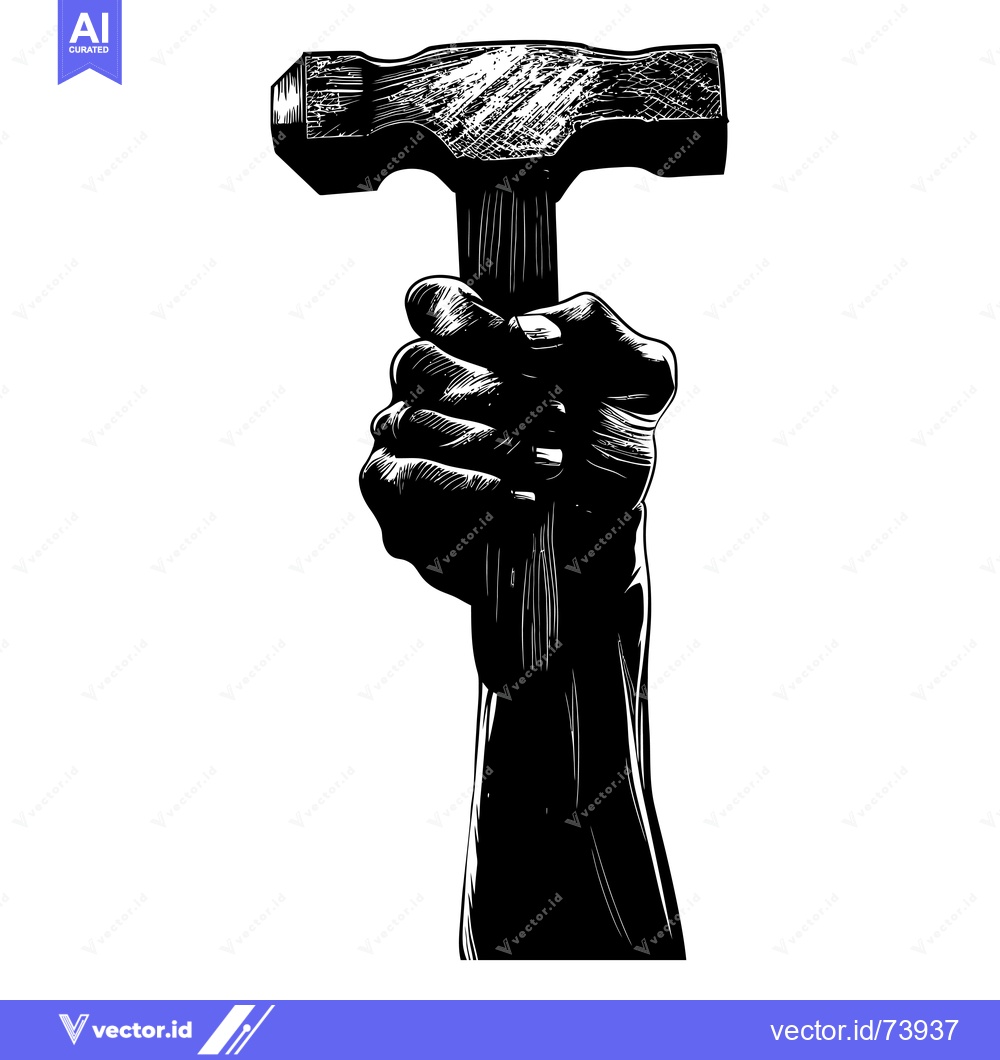 Premium Vector of A Hand Holding a Hammer, Black and White Illustration