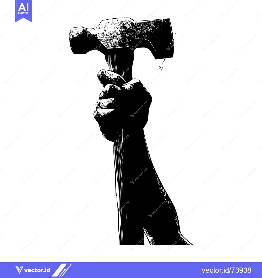 Premium Vector of A Hand Holding a Hammer in a Black and White Illustration
