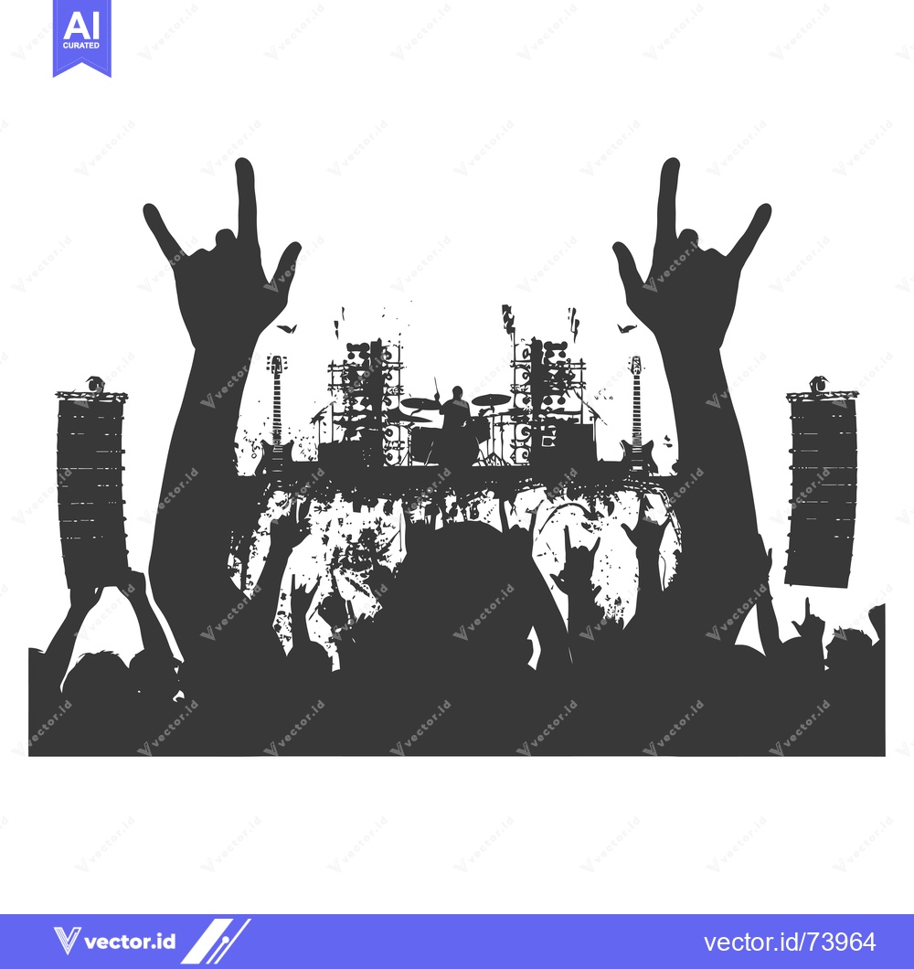 Premium Vector dari Silhouetted Crowd at a Rock Concert with Raised Hands and a Drummer