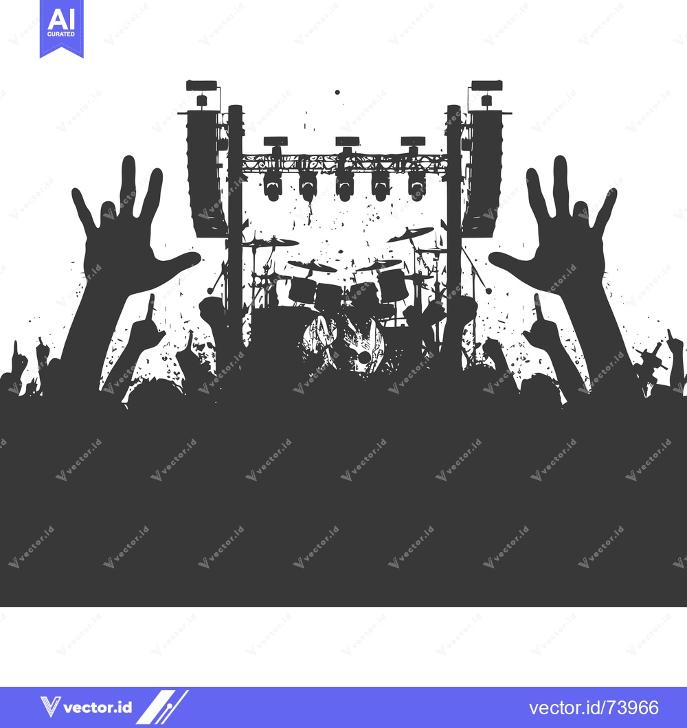 Premium Vector dari Silhouette of a Crowd at a Concert with a Drum Set and Stage Lighting