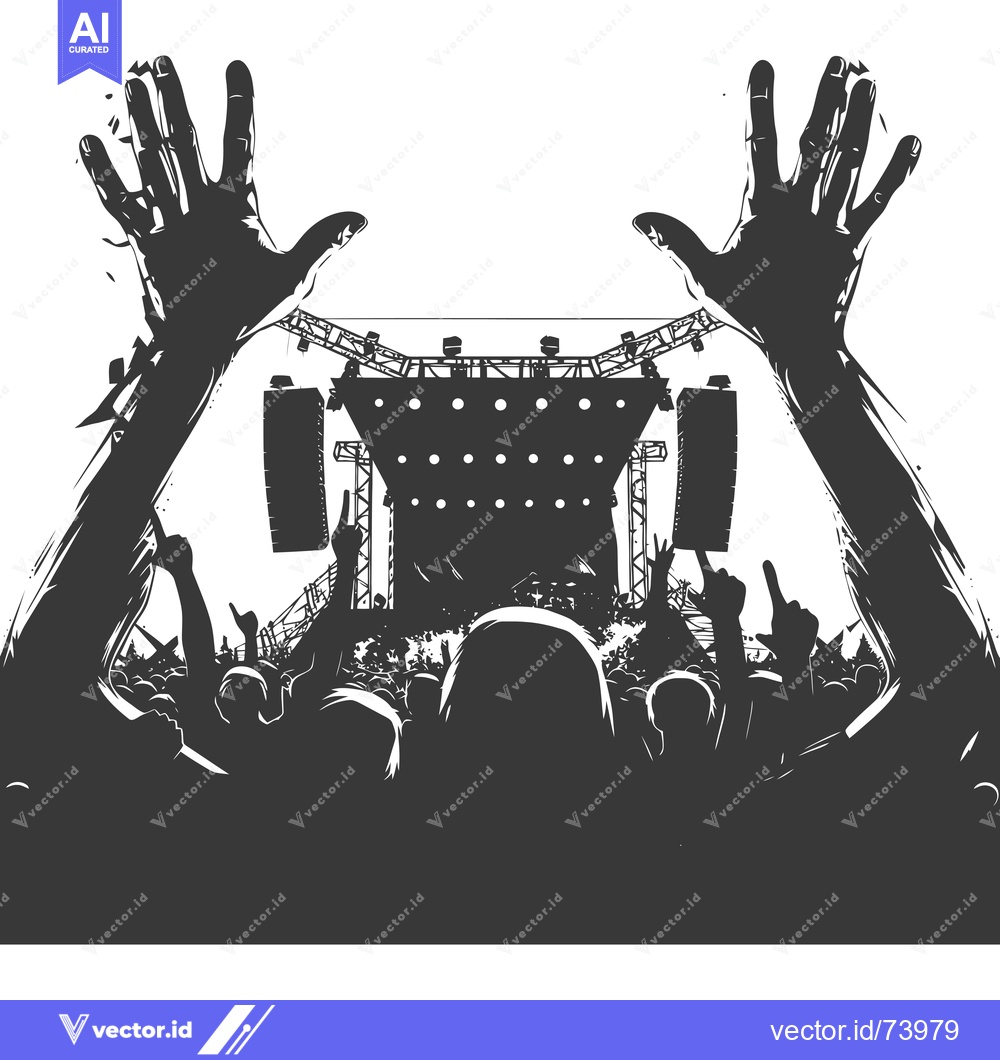 Premium Vector of Silhouette of a Concert Crowd With Raised Hands in Front of a Stage