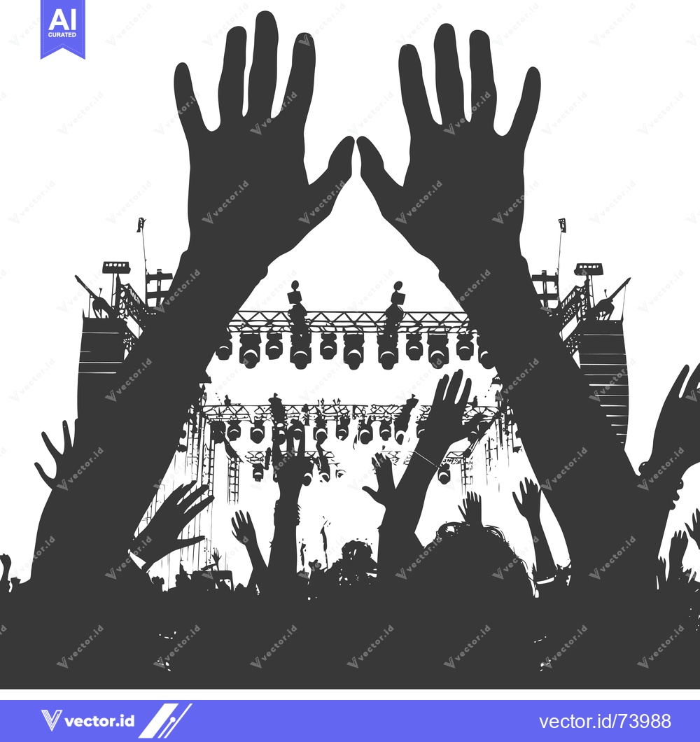 Premium Vector dari Silhouette of a crowd with hands raised in front of a stage with light