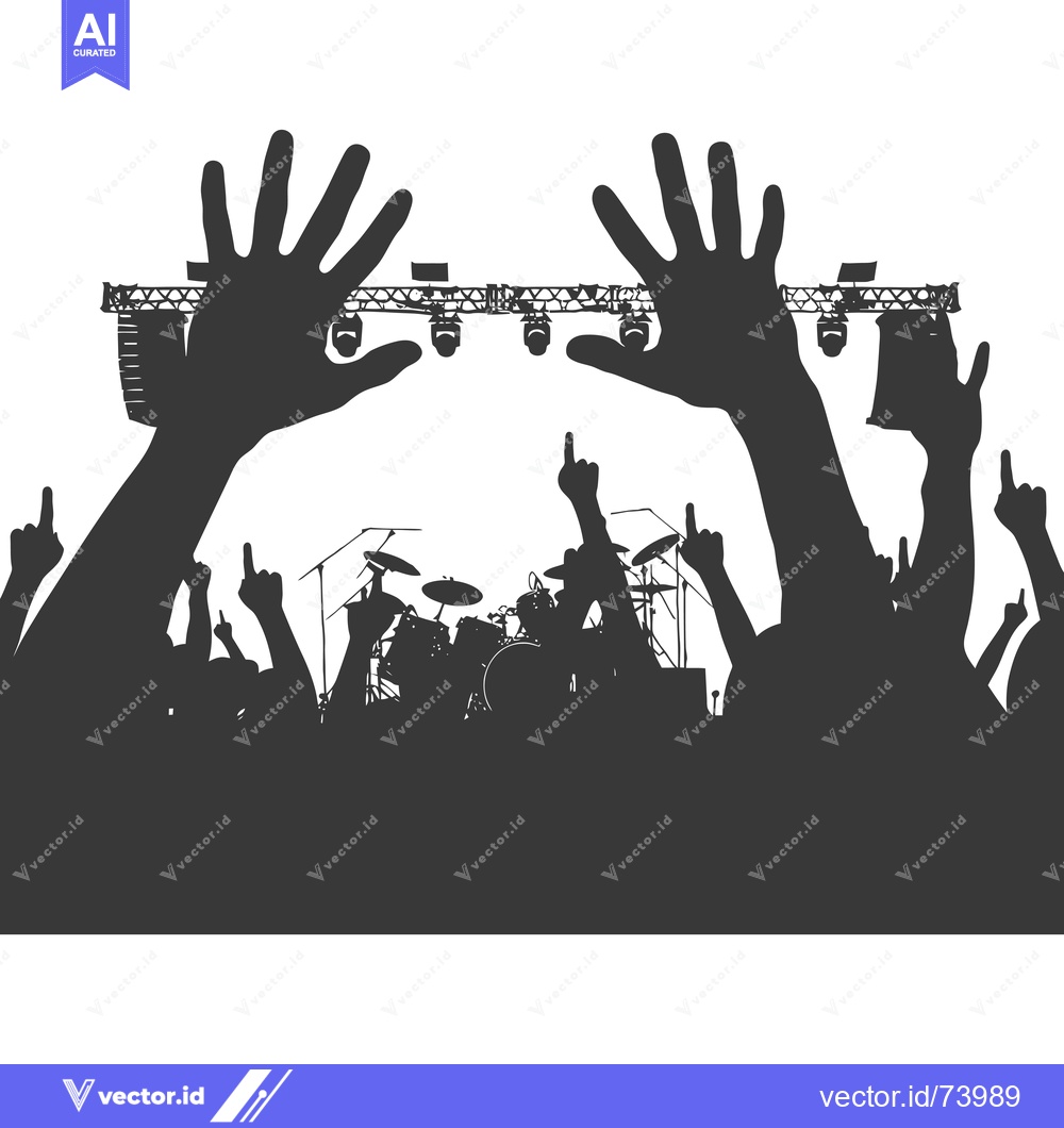 Premium Vector of Silhouette of a Crowd Cheering at a Concert with a Drum Set in the Bac