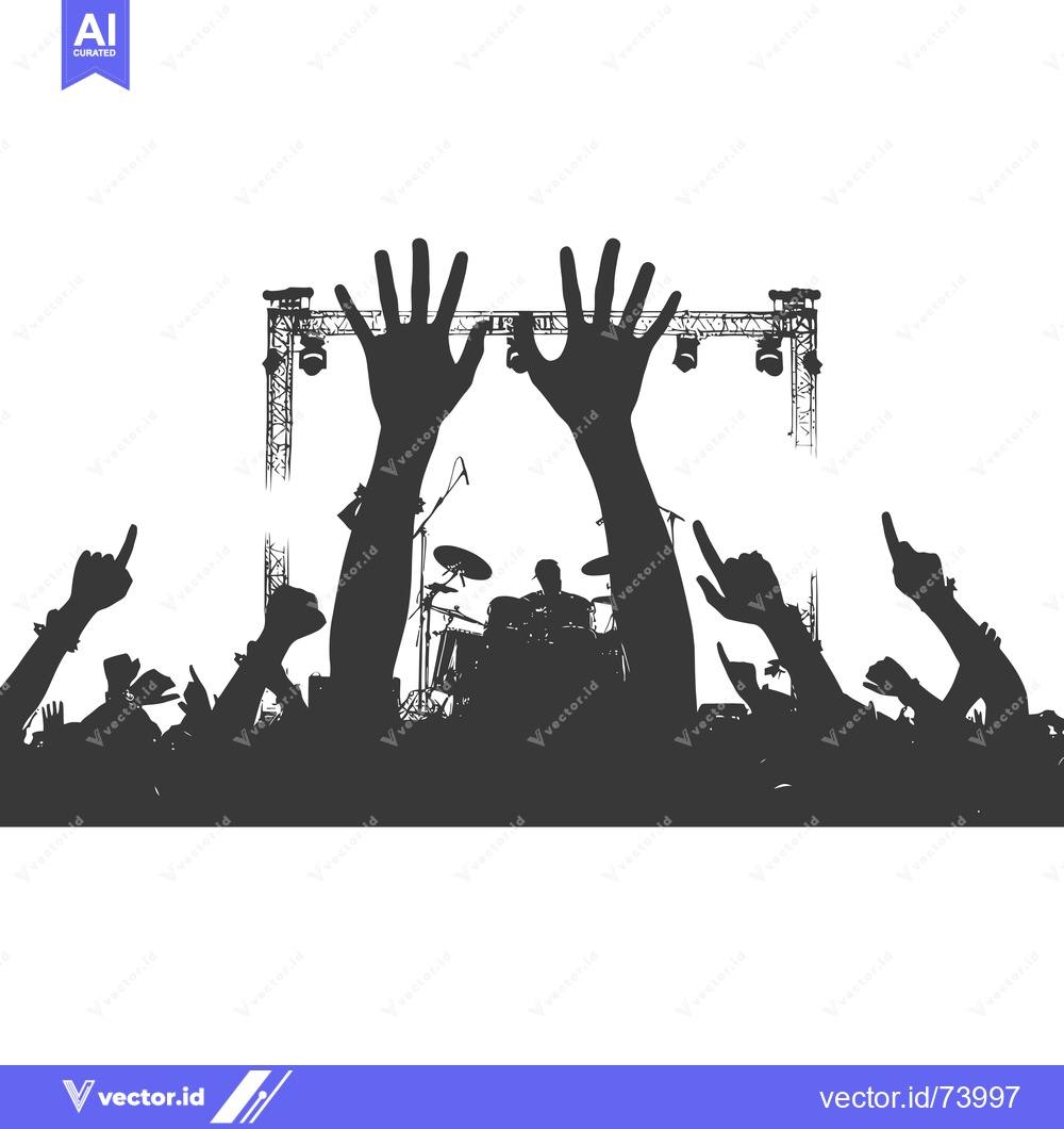 Premium Vector of Silhouetted Crowd Cheering at a Concert with a Drummer in the Backgrou