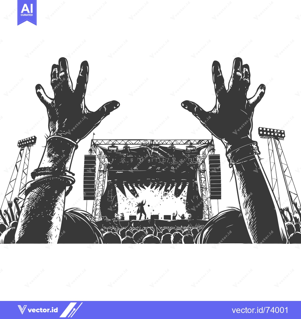 Premium Vector of Two raised hands of concertgoers in front of stage and crowd