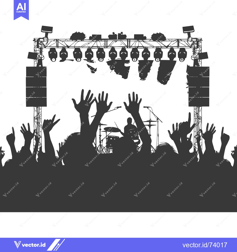 Premium Vector dari Silhouette of a Concert Crowd with Stage Lights and a Drummer