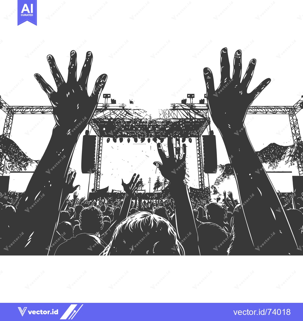 Premium Vector of Crowd at a music festival, reaching towards a stage, silhouetted again