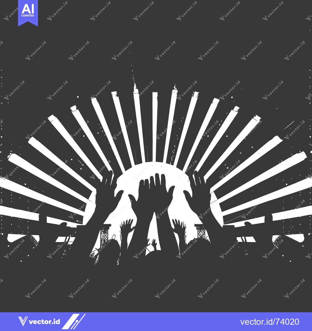 Premium Vector dari Silhouettes of People With Hands Raised in Front of a White Sunburst