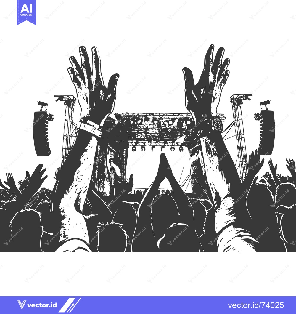 Premium Vector dari Black and White Silhouettes of a Crowd at a Concert With Hands Raised
