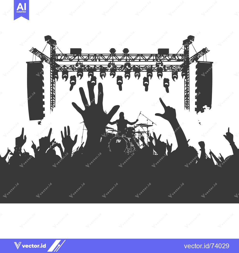 Premium Vector dari Silhouetted Crowd at a Concert with Stage Lights and a Drummer