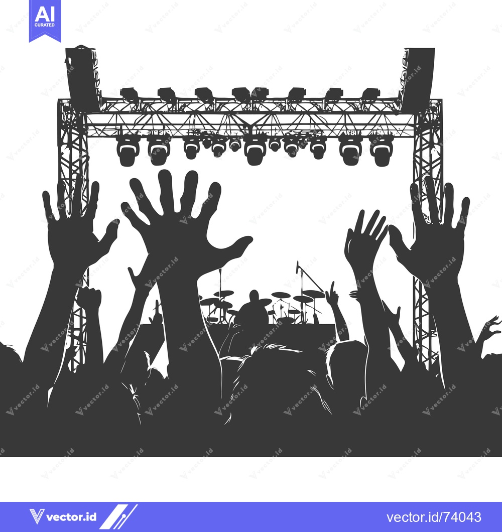 Premium Vector dari Silhouette of a Crowd at a Concert with Stage Lights and a Drummer