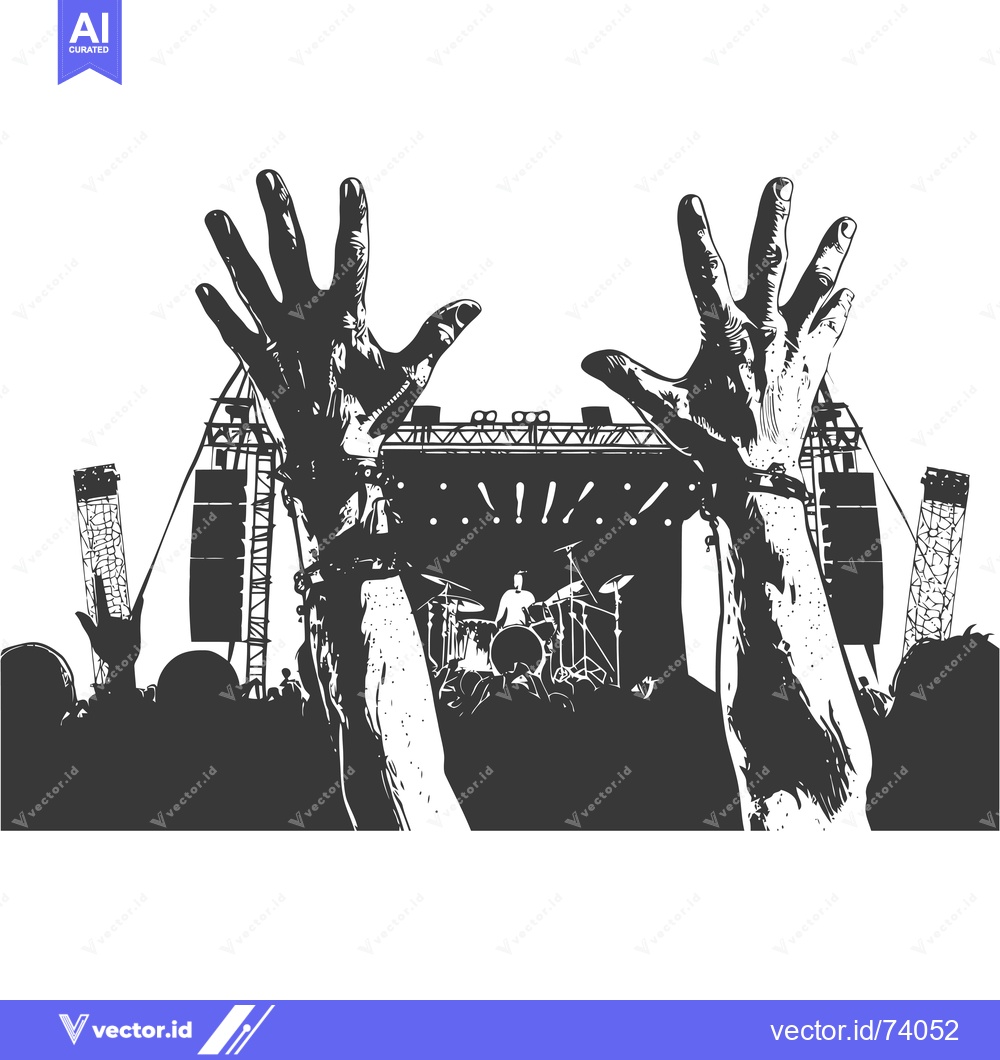 Premium Vector dari Two Hands Raised in the Air at a Concert with a Drummer in the Backgro