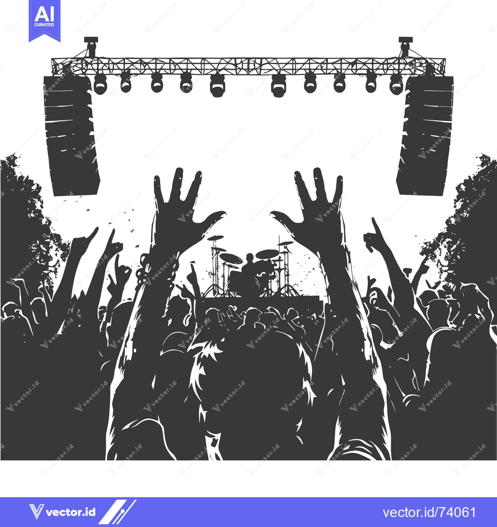 Premium Vector of Silhouettes of Crowd at a Concert with Stage Lights and Drum Set