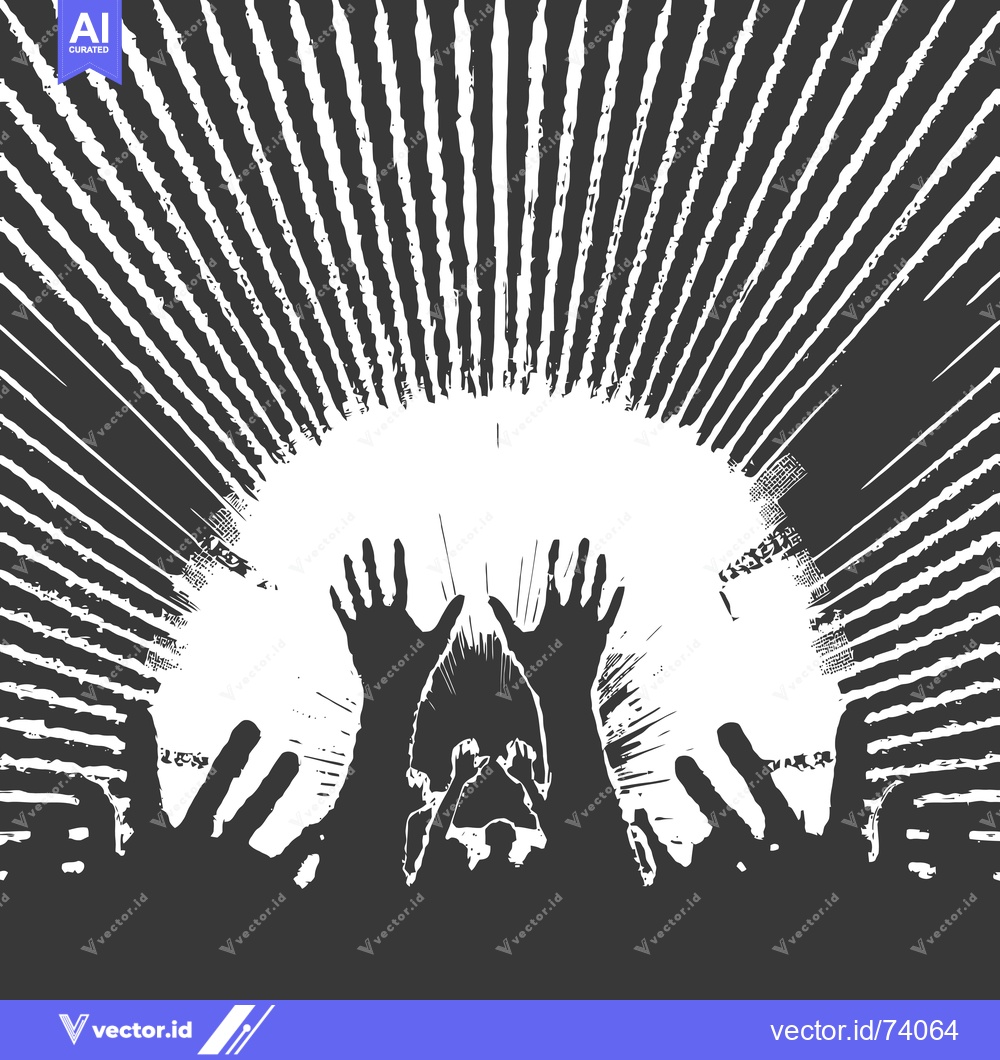 Premium Vector dari Silhouette of People with Arms Raised Against a Grunge Sunburst Backgr
