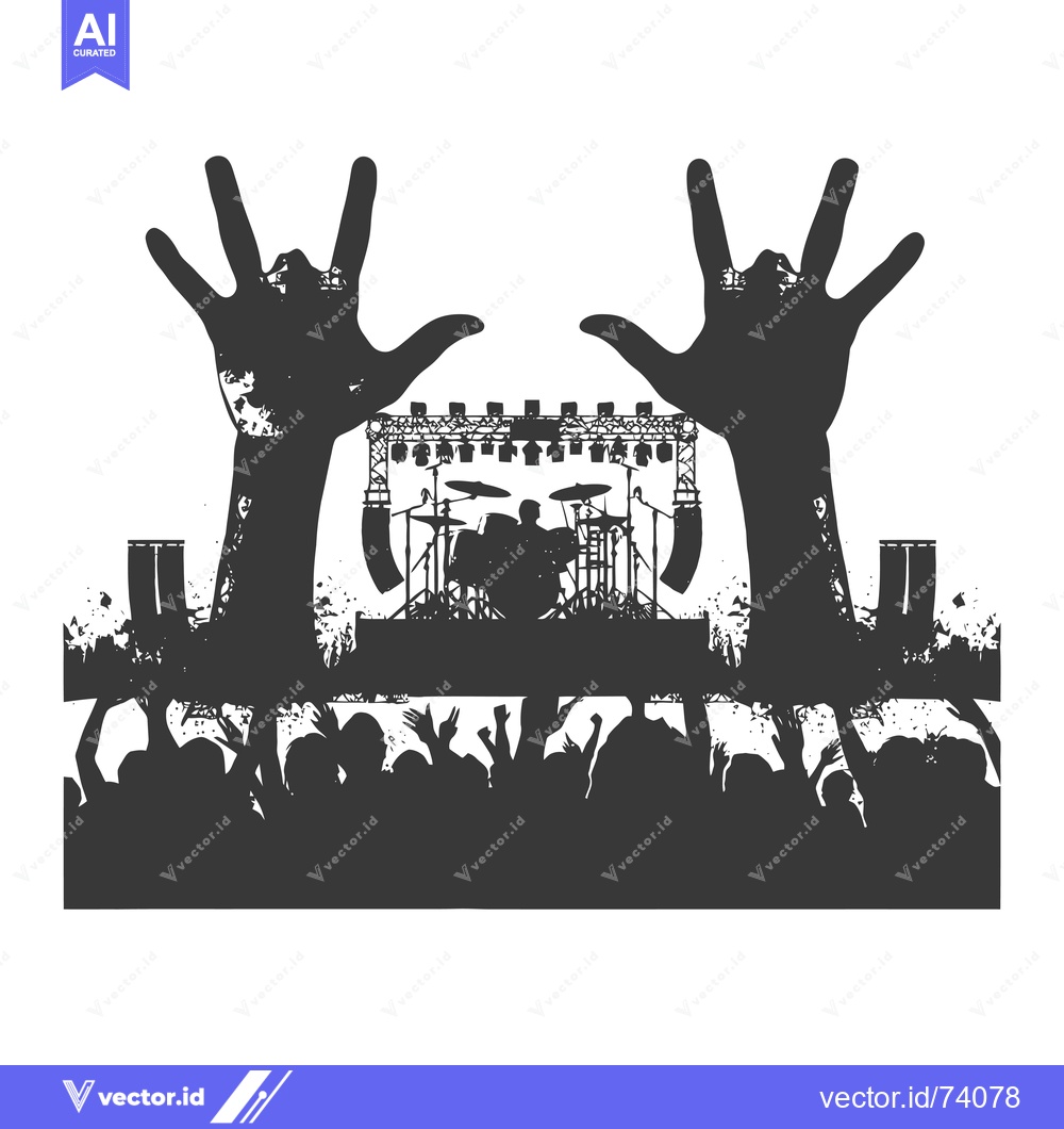 Premium Vector dari Silhouettes of Raised Hands at a Concert with a Stage and Drum Set