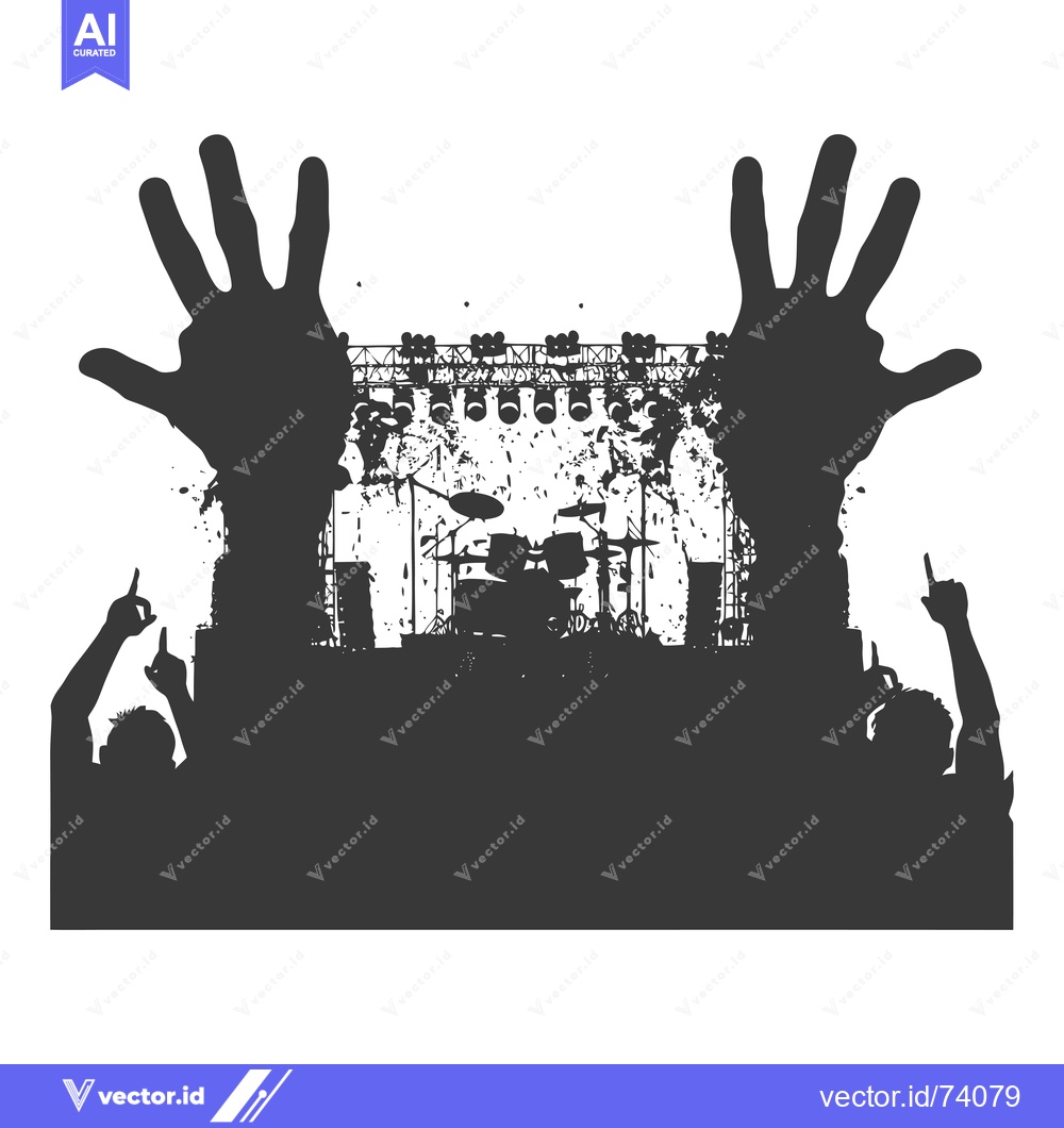 Premium Vector of Silhouettes of concertgoers with hands raised in front of a stage with