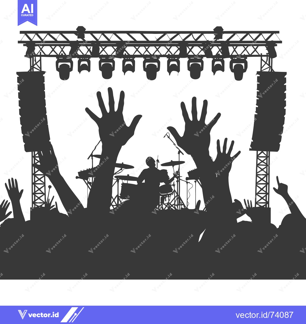 Premium Vector dari Silhouette of Concertgoers at a Music Festival with Stage and a Drumme