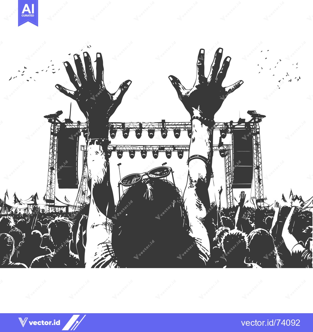 Premium Vector dari Person at a Music Festival with Raised Arms and Silhouetted Crowd