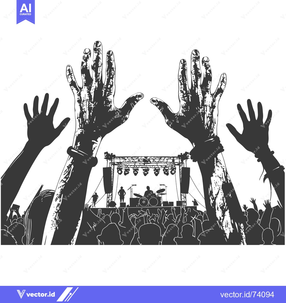 Premium Vector of Crowd at a concert with outstretched hands and a stage in the backgrou