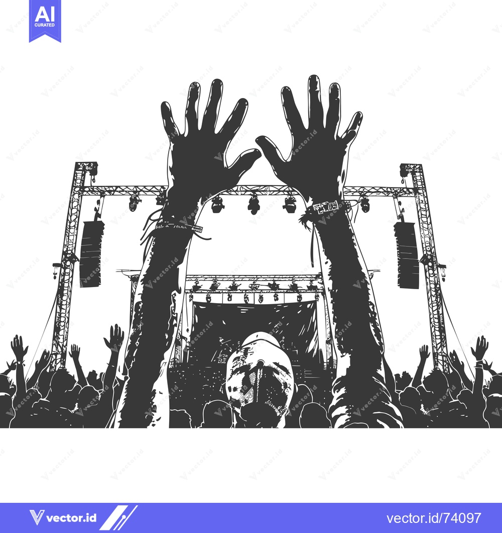 Premium Vector dari Silhouette of a concertgoer with raised hands, stage lights, and a cro