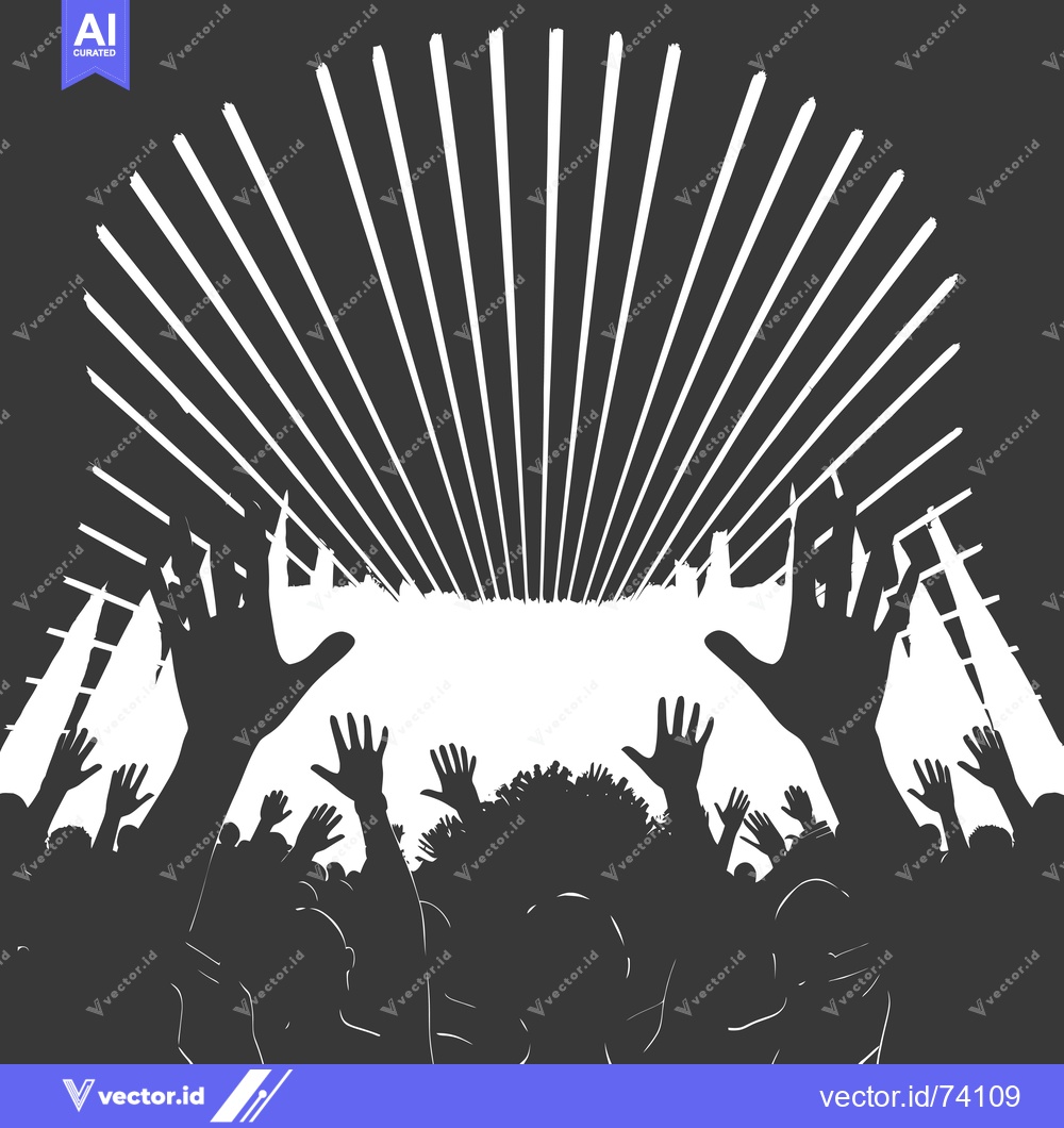 Premium Vector dari Silhouette of a Crowd with Raised Hands Under a Starburst