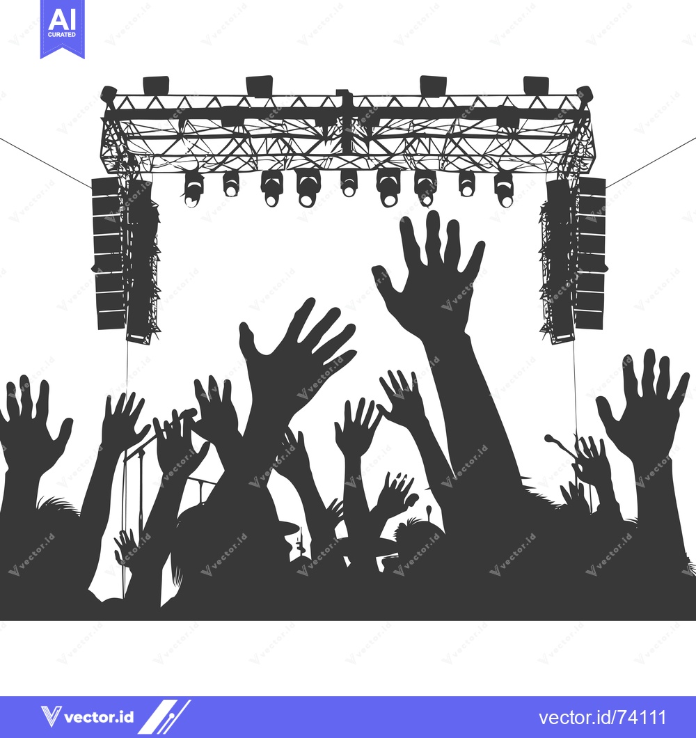 Premium Vector of Silhouettes of raised hands at a concert under a stage lighting rig