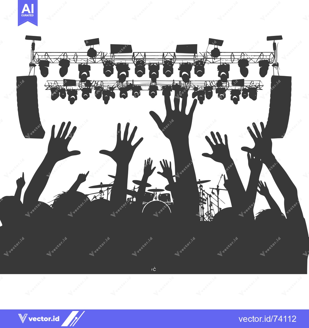 Premium Vector of Silhouettes of a Crowd at a Concert with Stage Lights and a Drummer