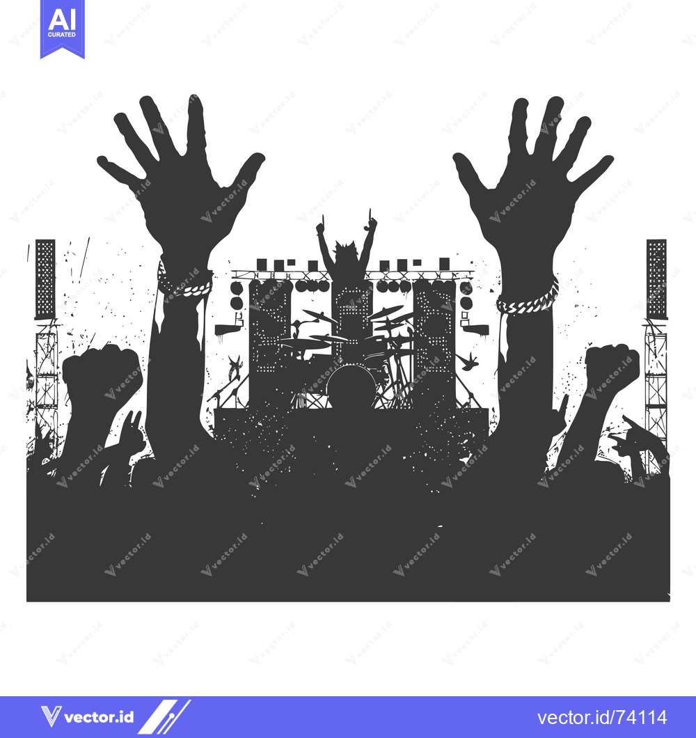 Premium Vector dari Silhouettes of a Crowd at a Rock Concert with a Drummer on Stage