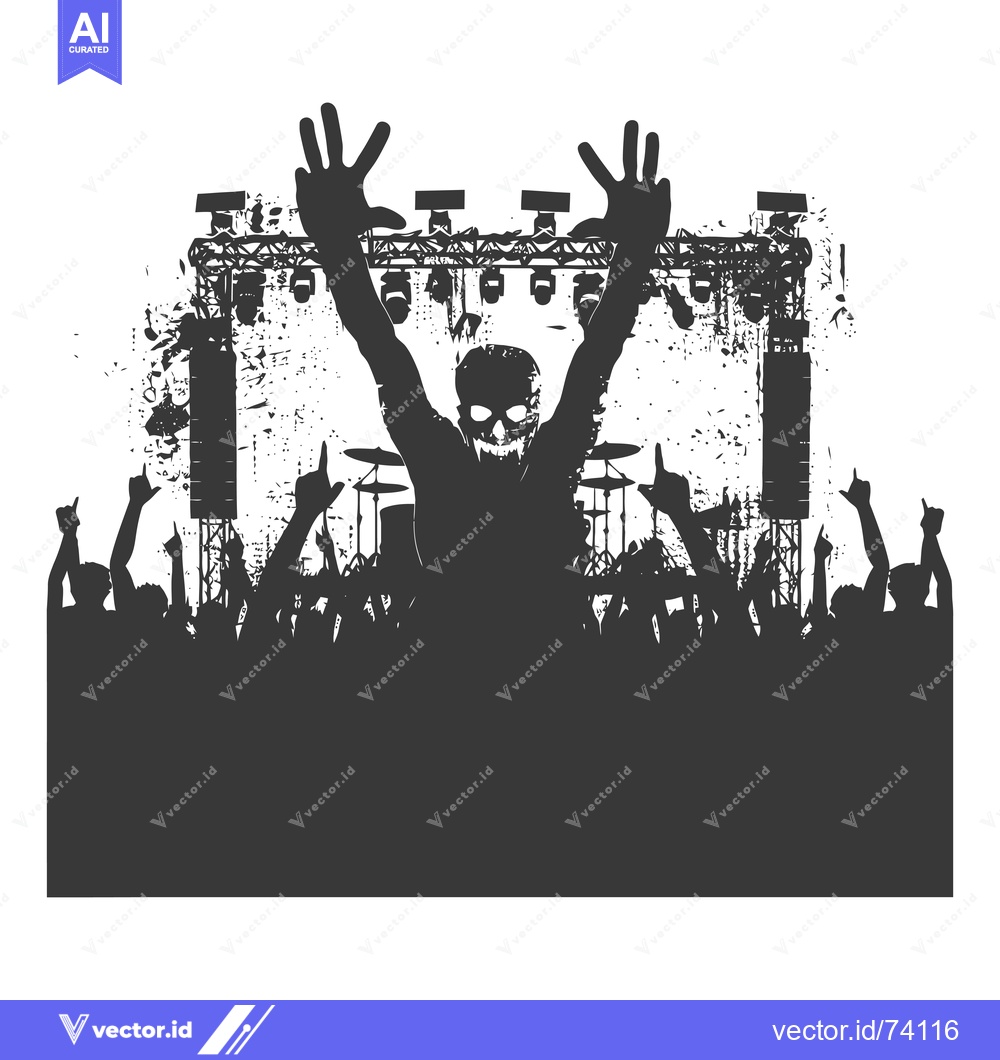 Premium Vector of Silhouette of a Crowd Cheering at a Concert With a Skull-Faced Figure