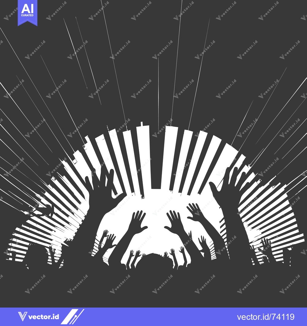 Premium Vector dari Silhouette of a Crowd with Raised Hands Against a White Striped Backgr