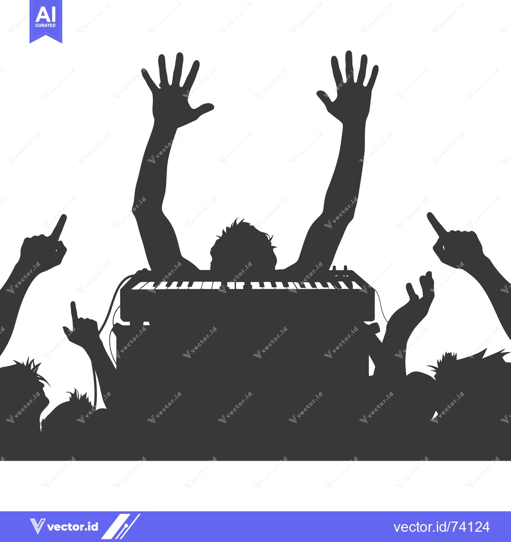 Premium Vector dari Silhouettes of people cheering at a concert with a musician playing a