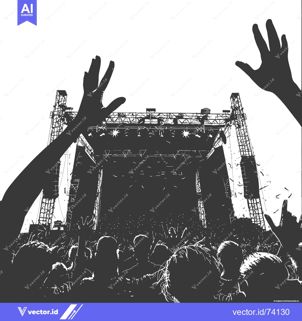 Premium Vector dari Crowd of Silhouetted Figures at a Concert with a Stage in the Backgrou