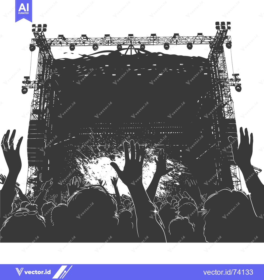 Premium Vector dari Silhouetted Crowd Facing a Stage with Spotlights and a Blank Banner
