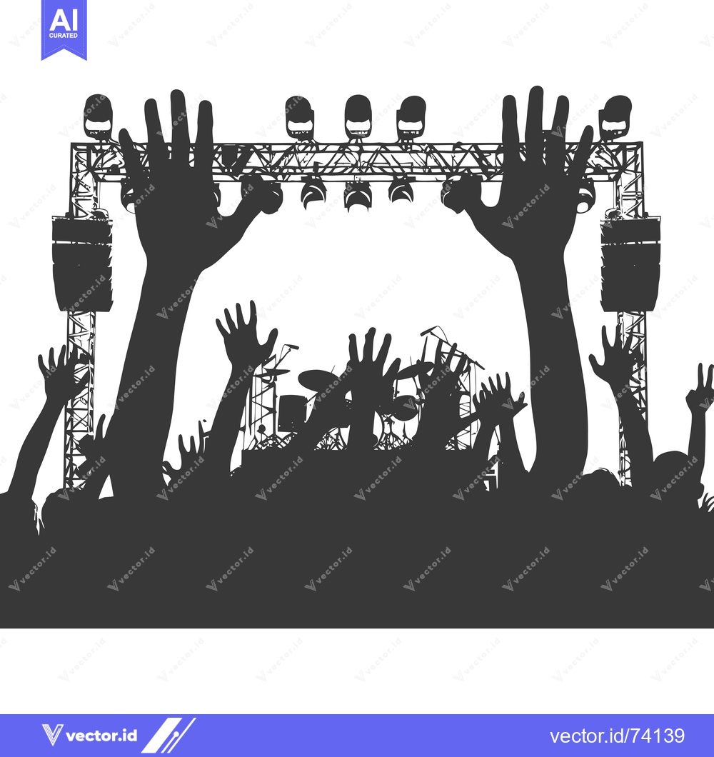Premium Vector of Silhouette of a Crowd at a Concert with Stage Lights and a Drum Set