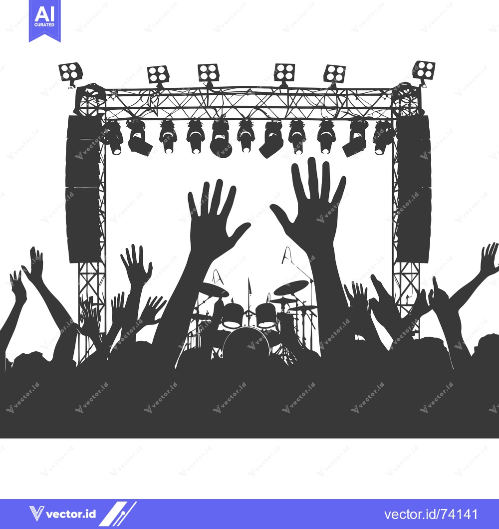 Premium Vector dari Silhouettes of a crowd at a concert with raised hands and a drum set o