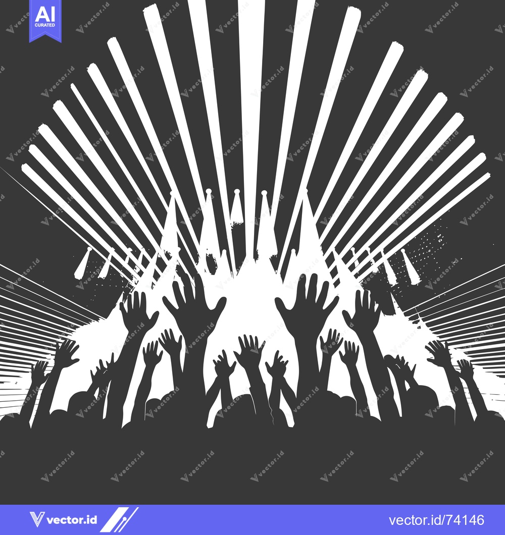 Premium Vector of Silhouettes of a Crowd Raising Their Hands Under a Sunburst