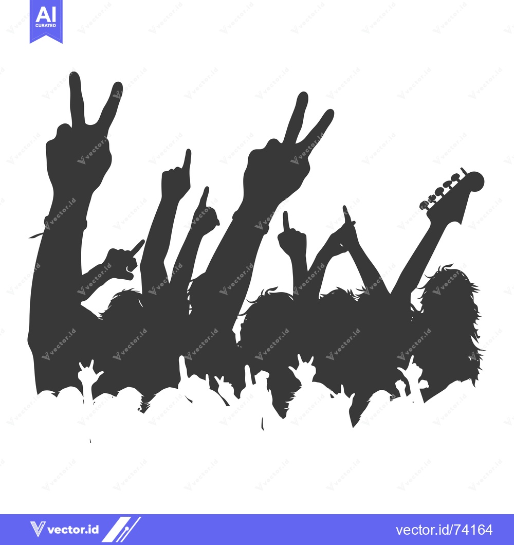 Premium Vector dari Silhouette of a Crowd at a Rock Concert with Raised Hands and Guitar