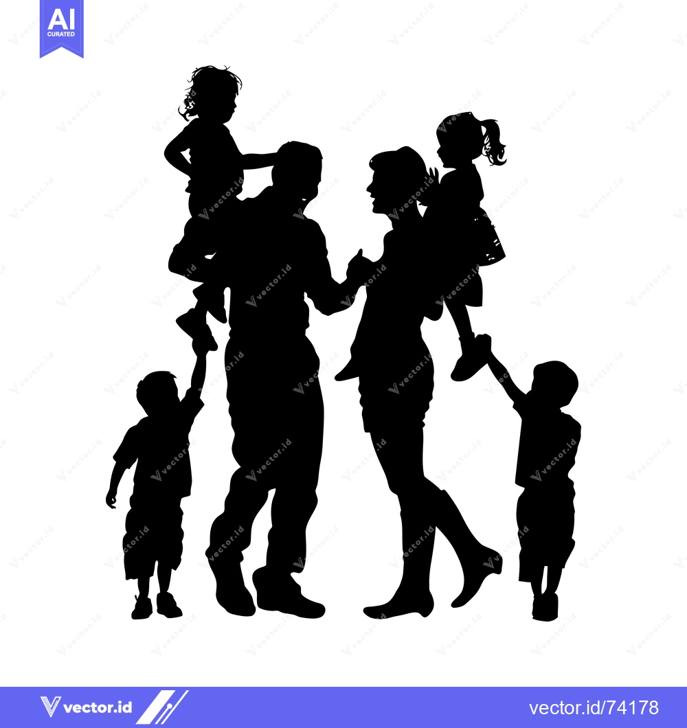 Premium Vector dari Silhouette of a Family with Four Children, Two Adults, and a White Bac