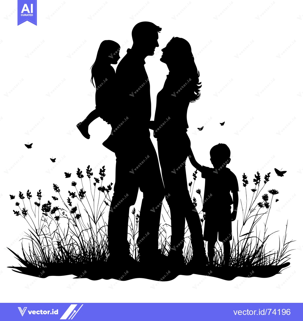 Premium Vector of Family Silhouette Standing in Tall Grass with Butterflies