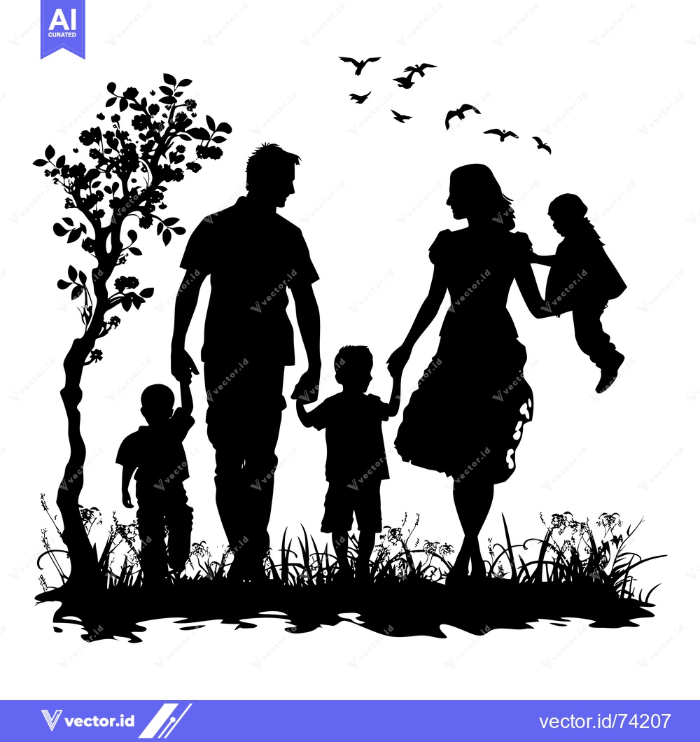 Premium Vector dari Family of Four Silhouettes in a Natural Setting