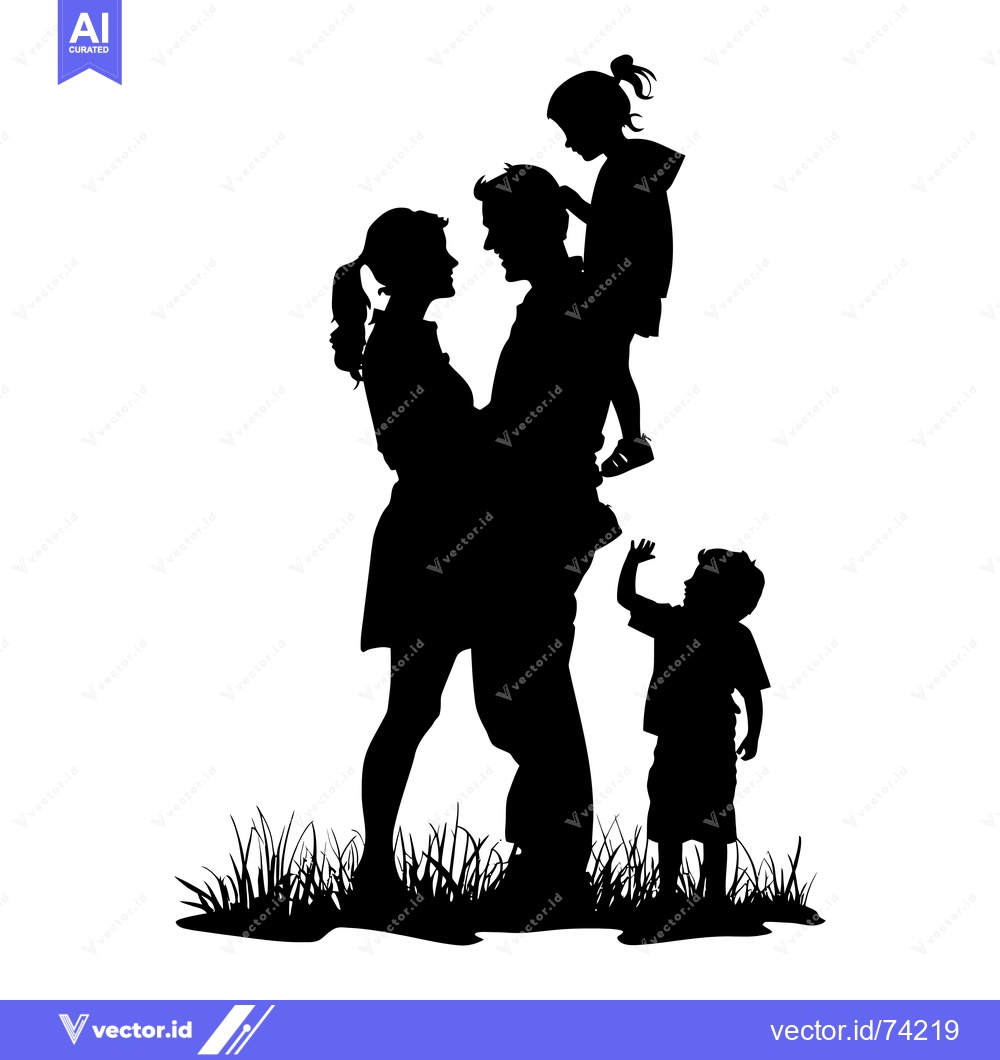 Premium Vector of Silhouette of a Family with Two Children Standing in Grass